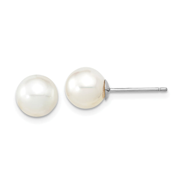 14k White Gold Stud Earrings with Round White Cultured Pearls, Classic Minimal Design