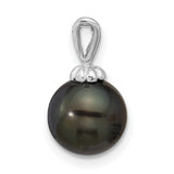 8-9mm Round Black Saltwater Tahitian Pearl Charm Pendant in Real 14k White Gold