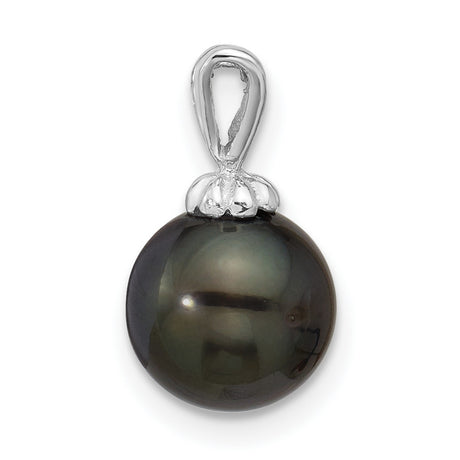 8-9mm Round Black Saltwater Tahitian Pearl Charm Pendant in Real 14k White Gold