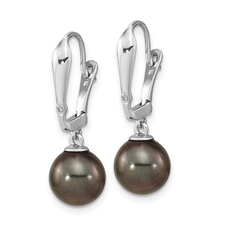 14k White Gold Leverback Earrings with Black Tahitian Pearl and Diamond Accent