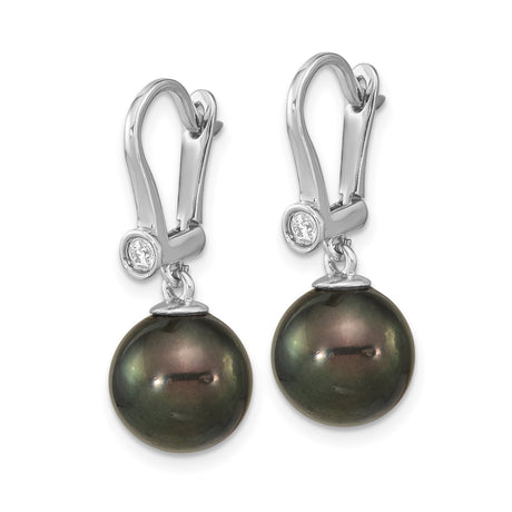 14k White Gold Dangle Earrings with Dark Tahitian Pearls and Diamond Accents