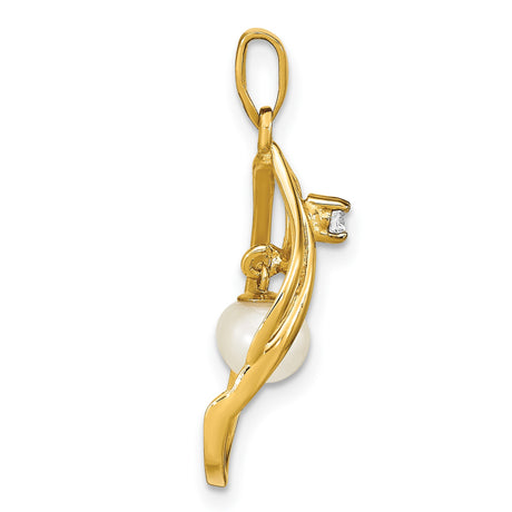 14k Yellow Gold Pendant with White Pearl and Diamond Accent, Open Teardrop Design for Women
