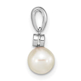 14k White Gold Pendant with Cultured Pearl and Bezel Set Diamond, Classic Bridal Jewelry