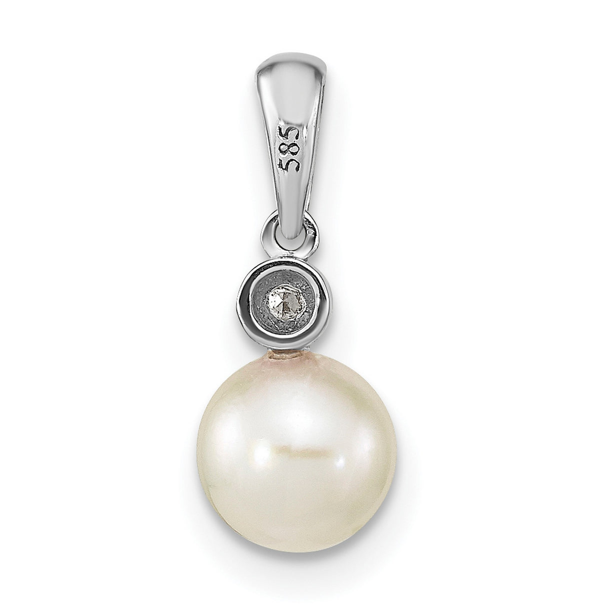 14k White Gold Pendant with Cultured Pearl and Bezel Set Diamond, Classic Bridal Jewelry