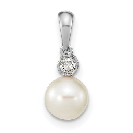 14k White Gold Pendant with Cultured Pearl and Bezel Set Diamond, Classic Bridal Jewelry