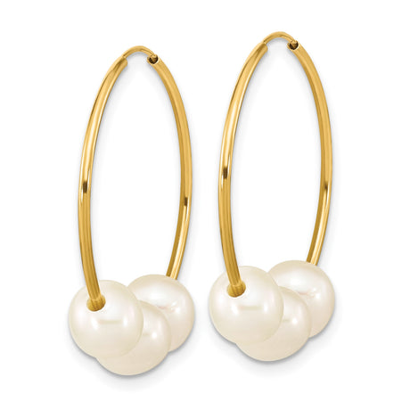 14k Yellow Gold Hoop Earrings with White Cultured Pearls, Classic Dangle Design for Women