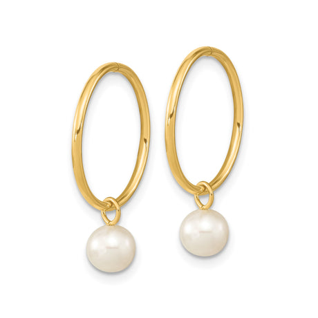 14k Yellow Gold Hoop Earrings with Cultured Freshwater Pearl Drops, Minimalist Design