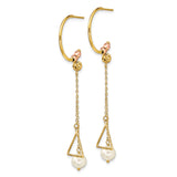 14k Yellow Gold Drop Earrings with White Pearl, Asymmetrical Geometric Design, Textured Beads