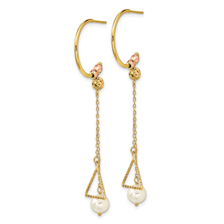 14k Yellow Gold Drop Earrings with White Pearl, Asymmetrical Geometric Design, Textured Beads
