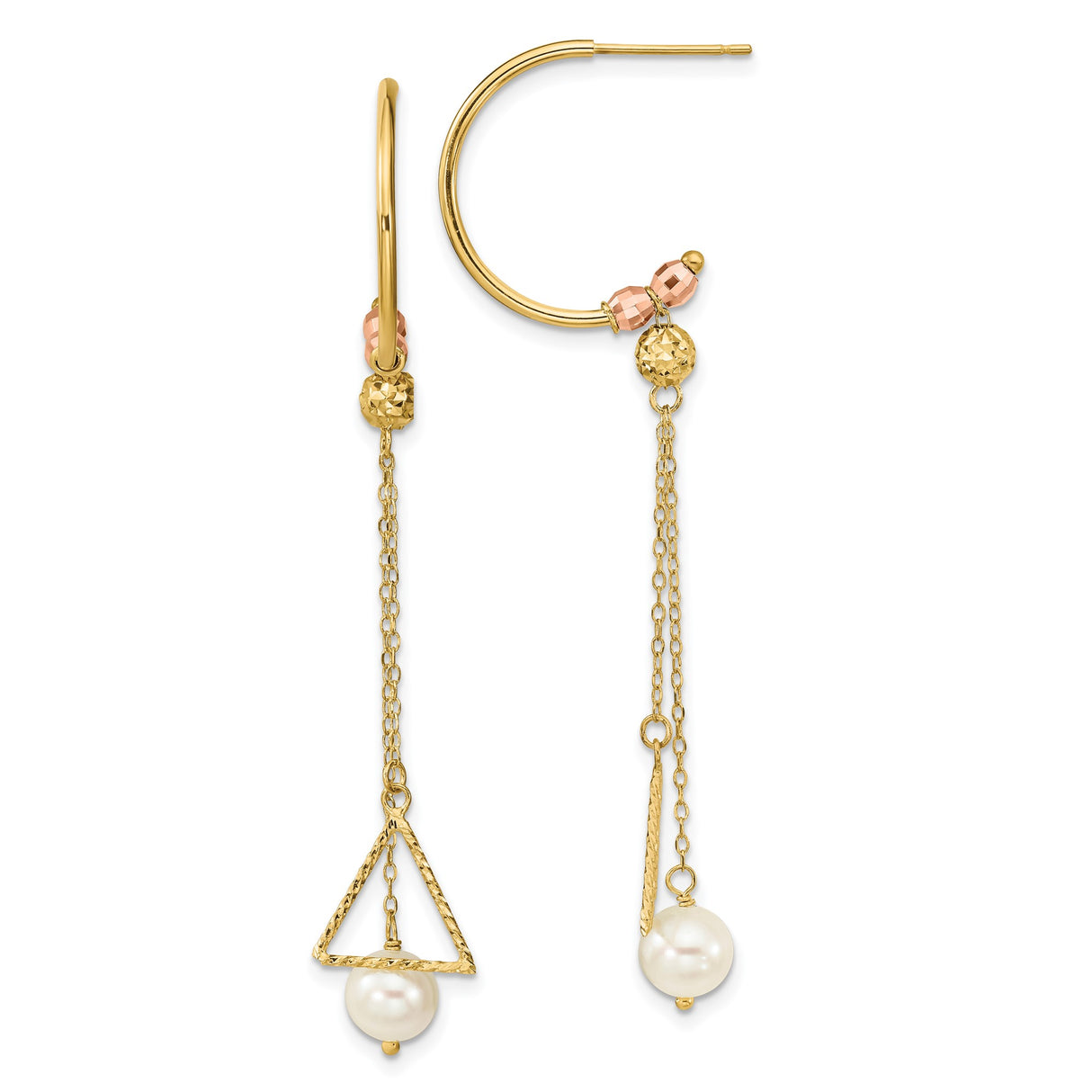 14k Yellow Gold Drop Earrings with White Pearl, Asymmetrical Geometric Design, Textured Beads