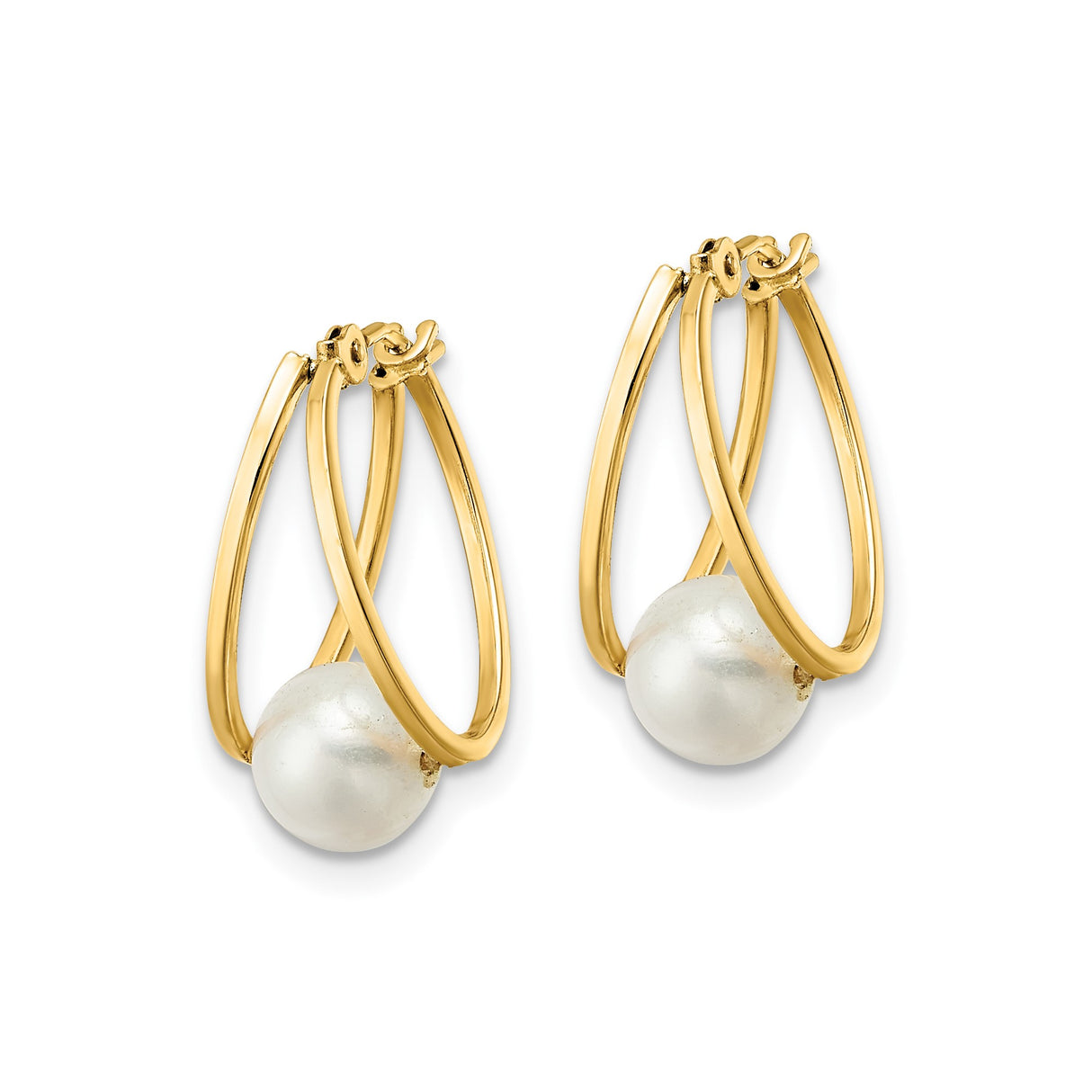 14k Yellow Gold Hoop Earrings with White Cultured Pearl Drop, V-Shape Design