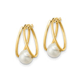 14k Yellow Gold Hoop Earrings with White Cultured Pearl Drop, V-Shape Design