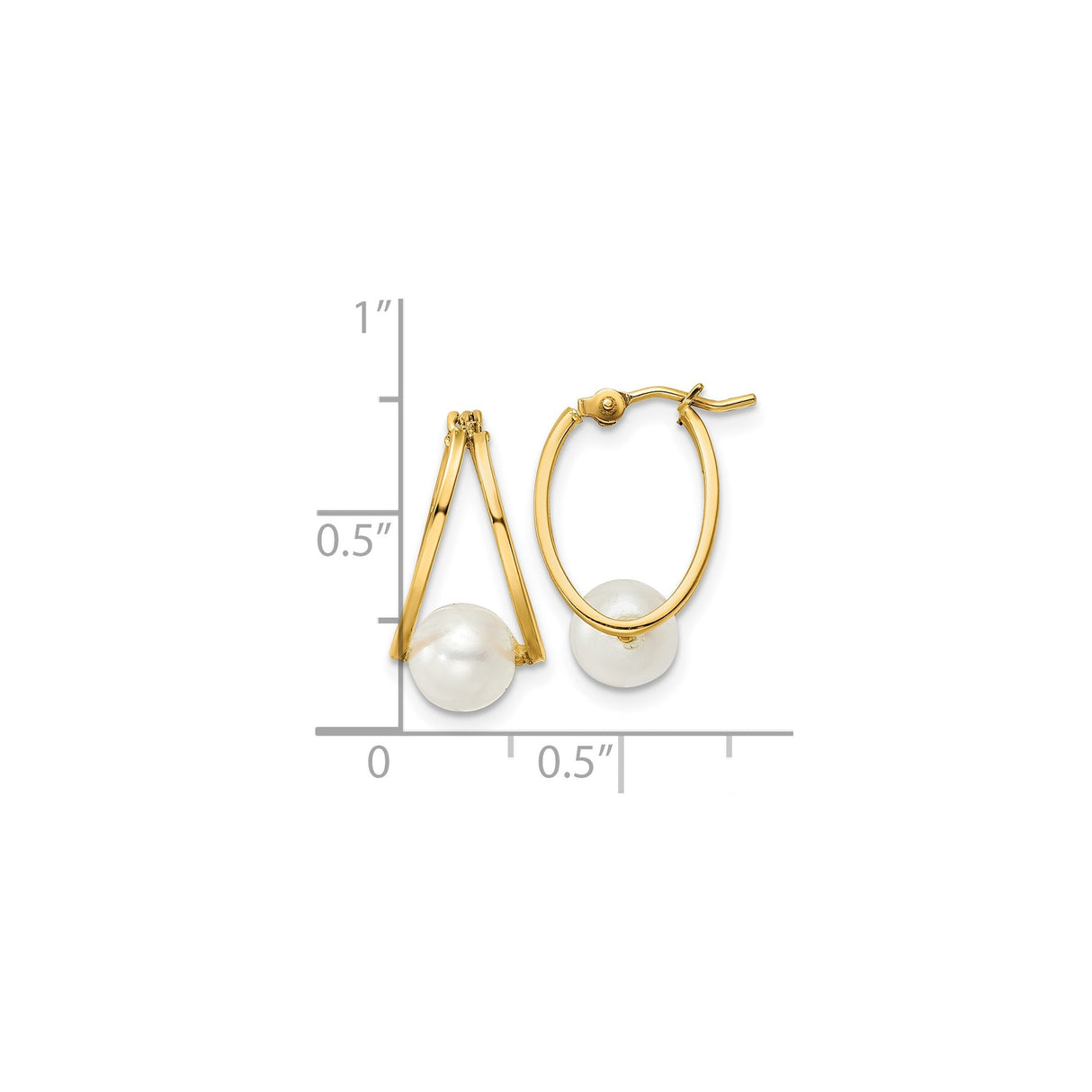 14k Yellow Gold Hoop Earrings with White Cultured Pearl Drop, V-Shape Design