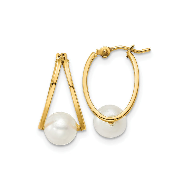 14k Yellow Gold Hoop Earrings with White Cultured Pearl Drop, V-Shape Design