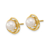 14k Yellow Gold Pearl Stud Earrings with Round White Akoya Pearls, Classic Swirl Design