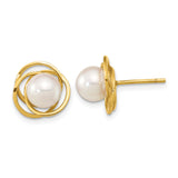 14k Yellow Gold Pearl Stud Earrings with Round White Akoya Pearls, Classic Swirl Design