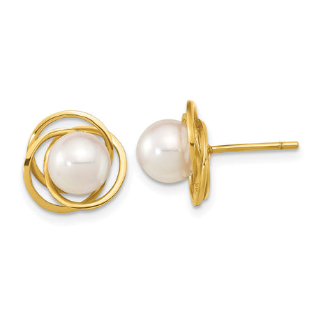 14k Yellow Gold Pearl Stud Earrings with Round White Akoya Pearls, Classic Swirl Design