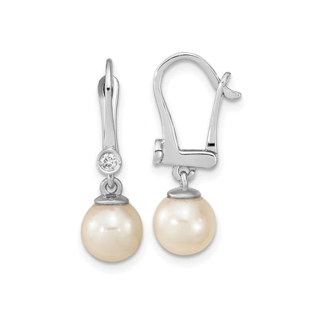 14k White Gold Dangle Earrings with Cultured Round Pearls and Diamond Accent