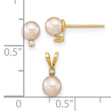 Childrens 4-5mm Freshwater Pearl Diamond Earring Set Charm Pendant in Real 14k Yellow Gold
