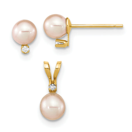 Childrens 4-5mm Freshwater Pearl Diamond Earring Set Charm Pendant in Real 14k Yellow Gold