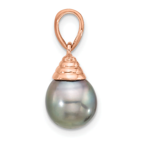 14k Rose Gold Pendant with Black Tahitian Pearl Drop, Ribbed Cap Design, Teardrop Style