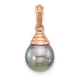 14k Rose Gold Pendant with Black Tahitian Pearl Drop, Ribbed Cap Design, Teardrop Style