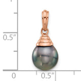 14k Rose Gold Pendant with Black Tahitian Pearl Drop, Ribbed Cap Design, Teardrop Style