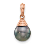 14k Rose Gold Pendant with Black Tahitian Pearl Drop, Ribbed Cap Design, Teardrop Style