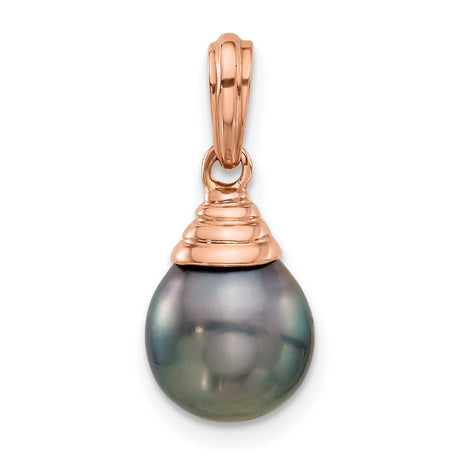 14k Rose Gold Pendant with Black Tahitian Pearl Drop, Ribbed Cap Design, Teardrop Style