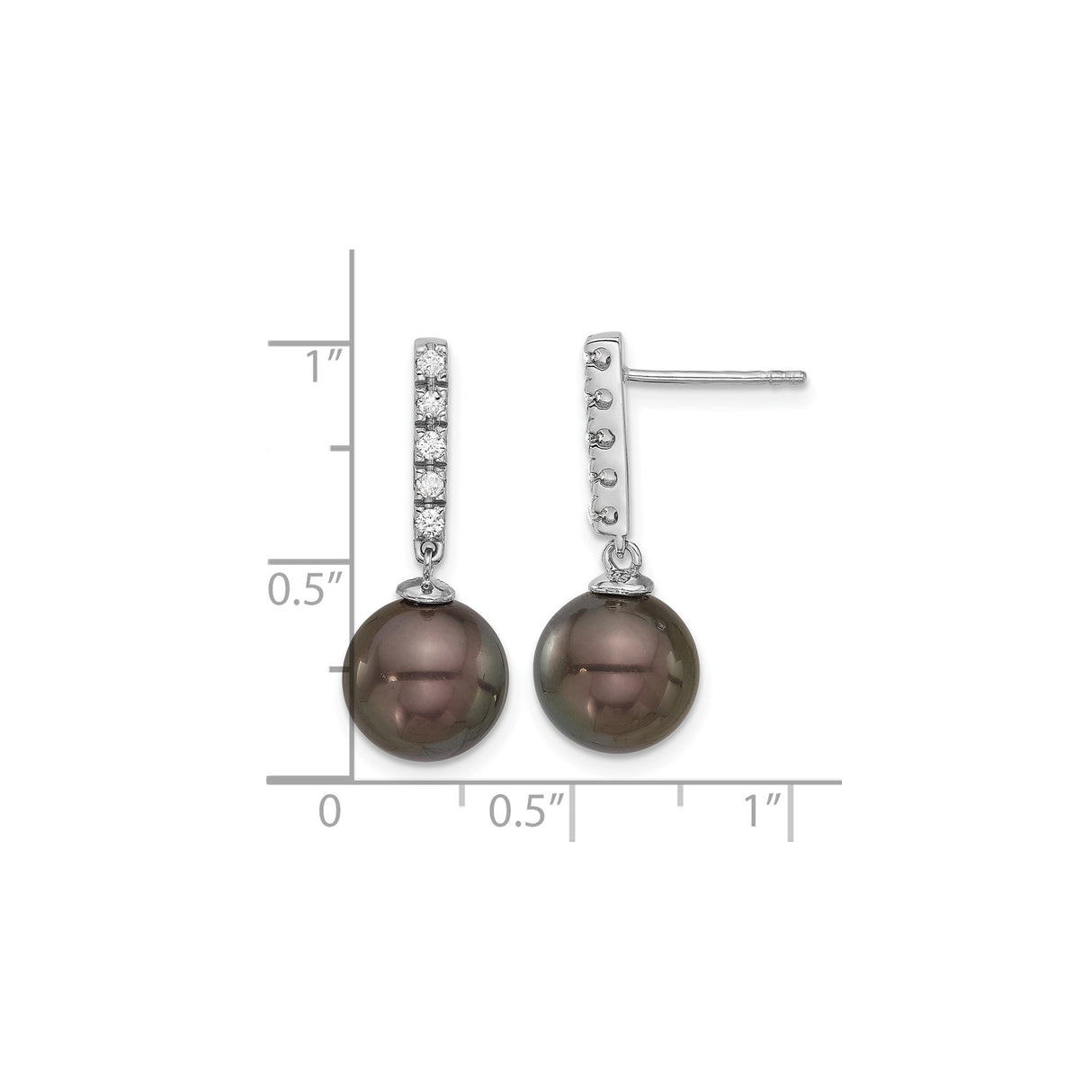 14k White Gold Dangle Earrings with Black Pearls and Diamonds, Elegant Drop Style for Women