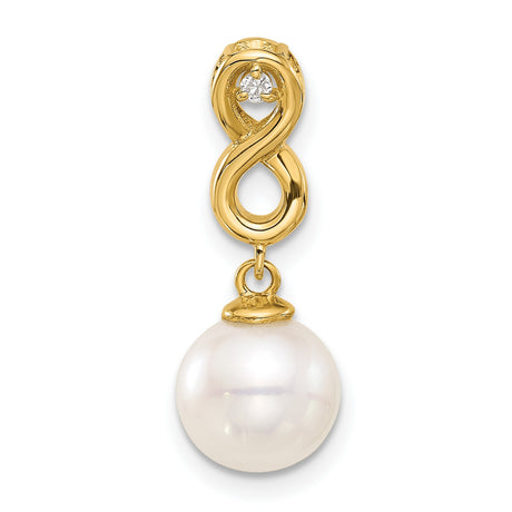 14k Yellow Gold Infinity Pendant with White Pearl Drop and Diamond Accent