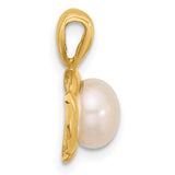 14k Yellow Gold Pendant with Cultured Pearl, Flowing Modern Design Charm for Women