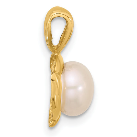 14k Yellow Gold Pendant with Cultured Pearl, Flowing Modern Design Charm for Women