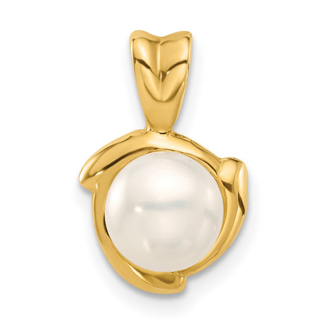 14k Yellow Gold Pendant with Cultured Pearl, Flowing Modern Design Charm for Women