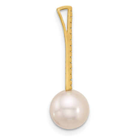 8-9mm White Akoya Pearl and Diamond Accent Drop Chain Slide Charm Pendant in Real 14k Yellow Gold