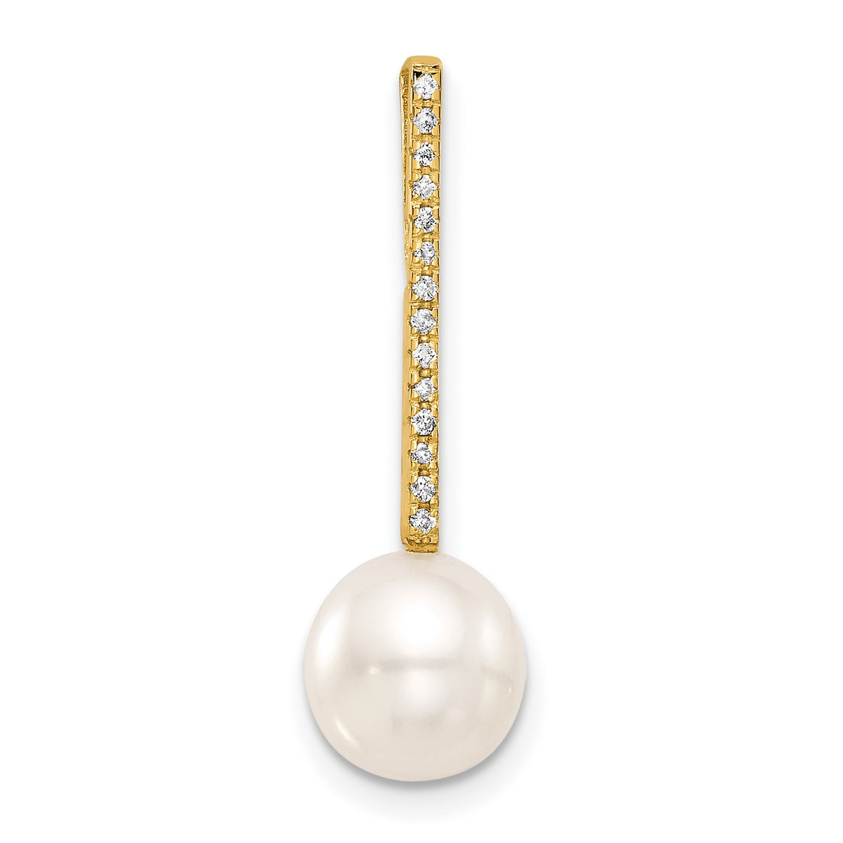 8-9mm White Akoya Pearl and Diamond Accent Drop Chain Slide Charm Pendant in Real 14k Yellow Gold