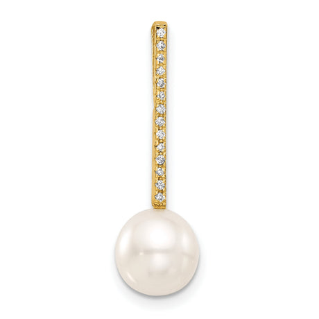 8-9mm White Akoya Pearl and Diamond Accent Drop Chain Slide Charm Pendant in Real 14k Yellow Gold
