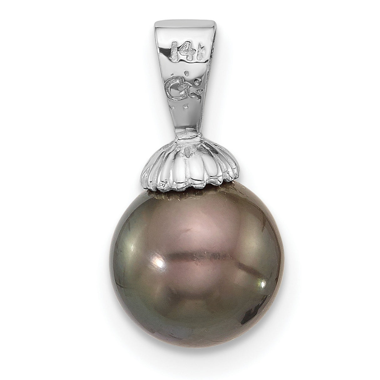 14k White Gold Pendant with Black Pearl, Fluted Cap Design, Tahitian Style