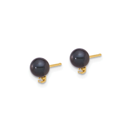 14k Yellow Gold Stud Earrings with Black Cultured Pearls and Diamond Accents
