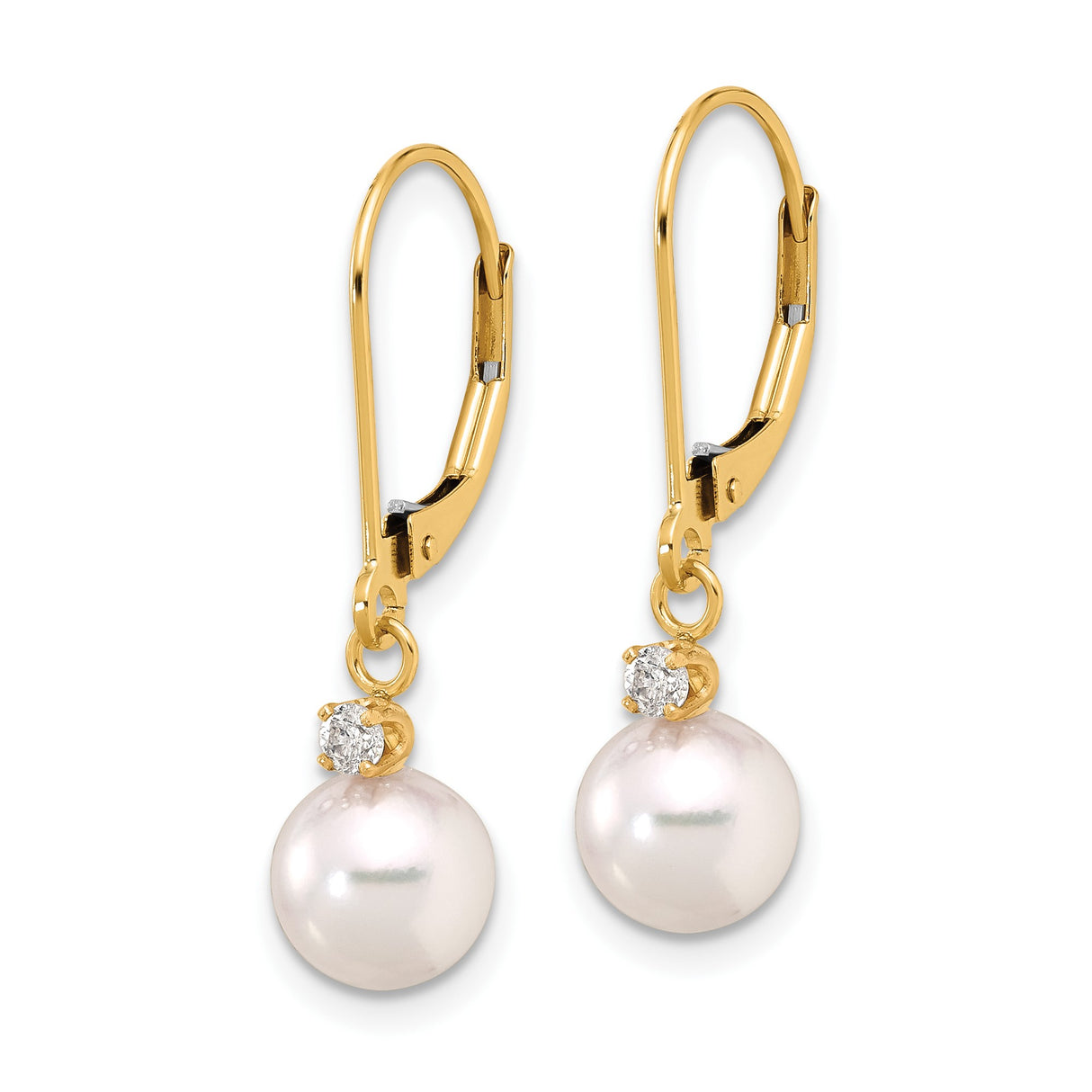 14k Yellow Gold Dangle Earrings with Cultured White Pearls and Cubic Zirconia Leverbacks