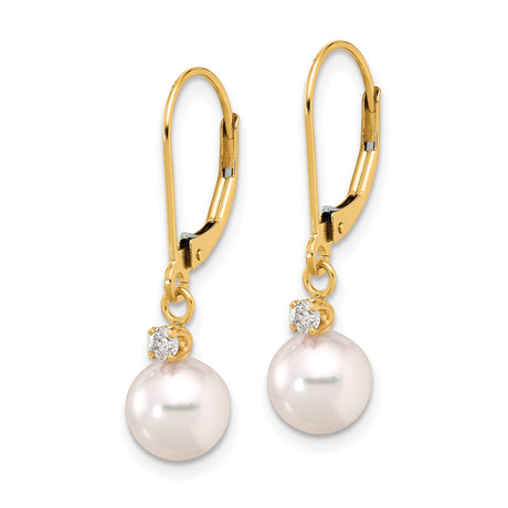 14k Yellow Gold Dangle Earrings with Cultured White Pearls and Cubic Zirconia Leverbacks