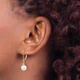 14k Yellow Gold Dangle Earrings with Cultured White Pearls and Cubic Zirconia Leverbacks