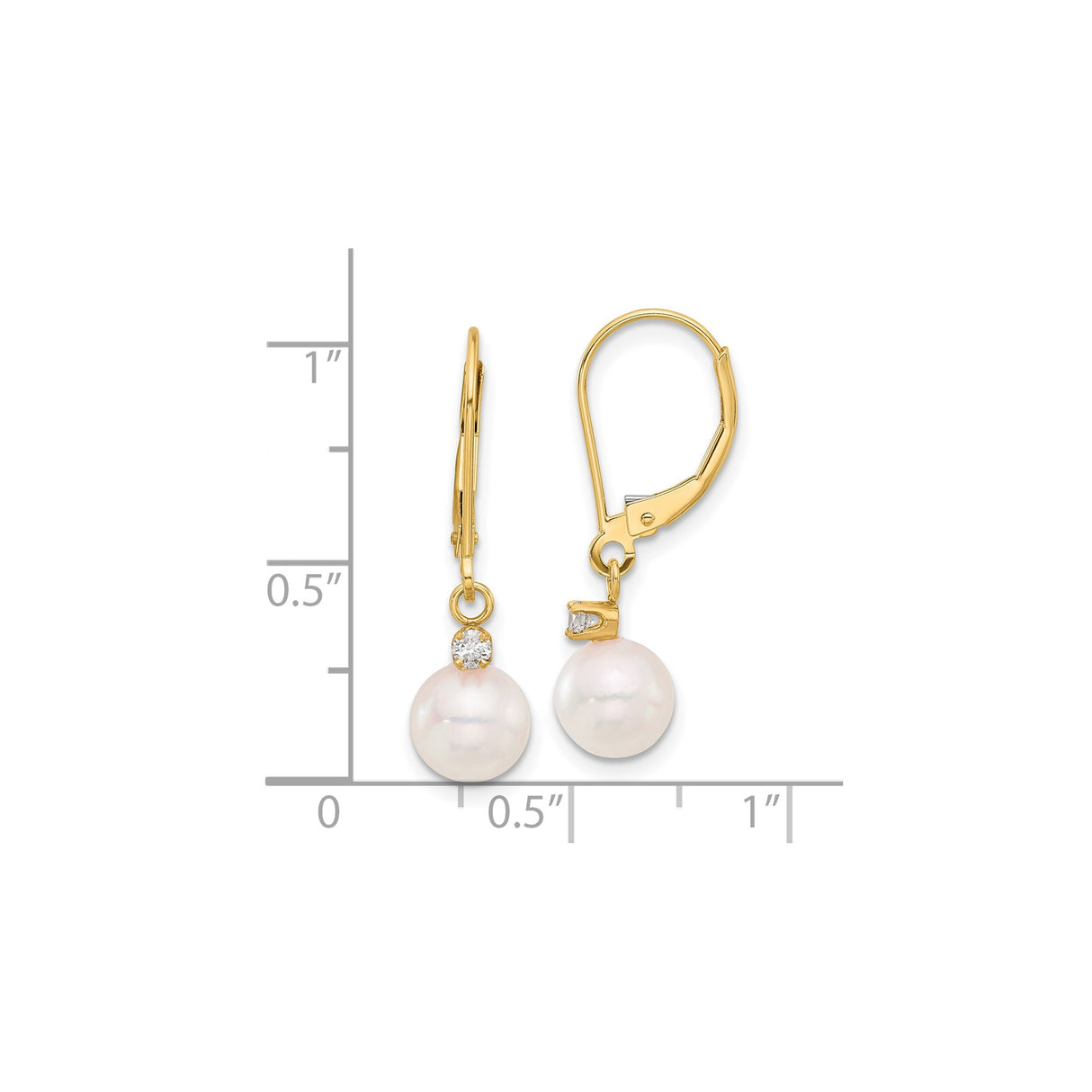 14k Yellow Gold Dangle Earrings with Cultured White Pearls and Cubic Zirconia Leverbacks
