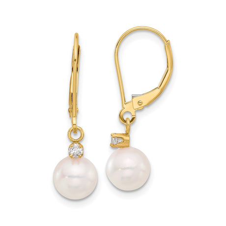 14k Yellow Gold Dangle Earrings with Cultured White Pearls and Cubic Zirconia Leverbacks