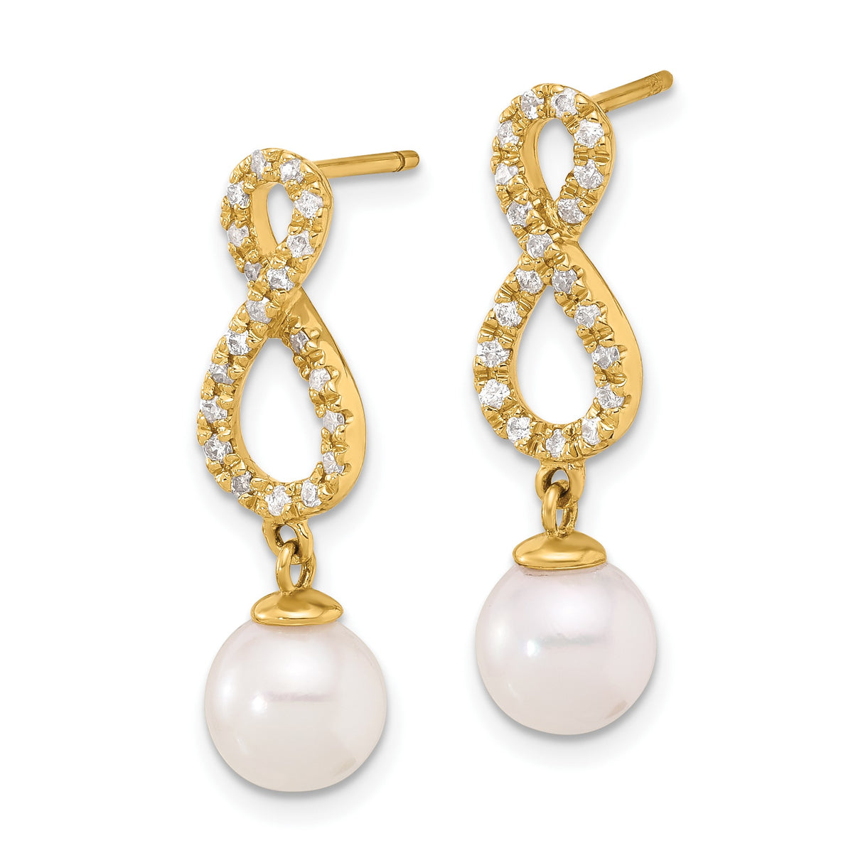 14k Yellow Gold Dangle Earrings with White Pearl Drop and Diamond Accent Infinity Design
