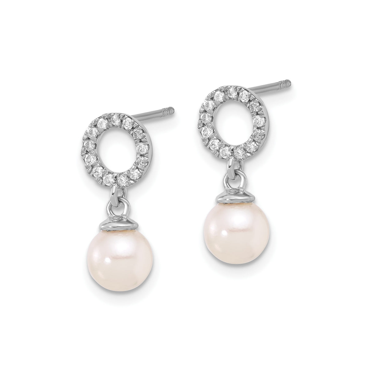 14k White Gold Drop Earrings with Cultured Akoya Pearls and Diamond Accents, Open Circle Design