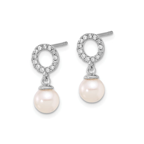 14k White Gold Drop Earrings with Cultured Akoya Pearls and Diamond Accents, Open Circle Design