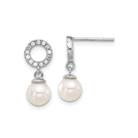 14k White Gold Drop Earrings with Cultured Akoya Pearls and Diamond Accents, Open Circle Design