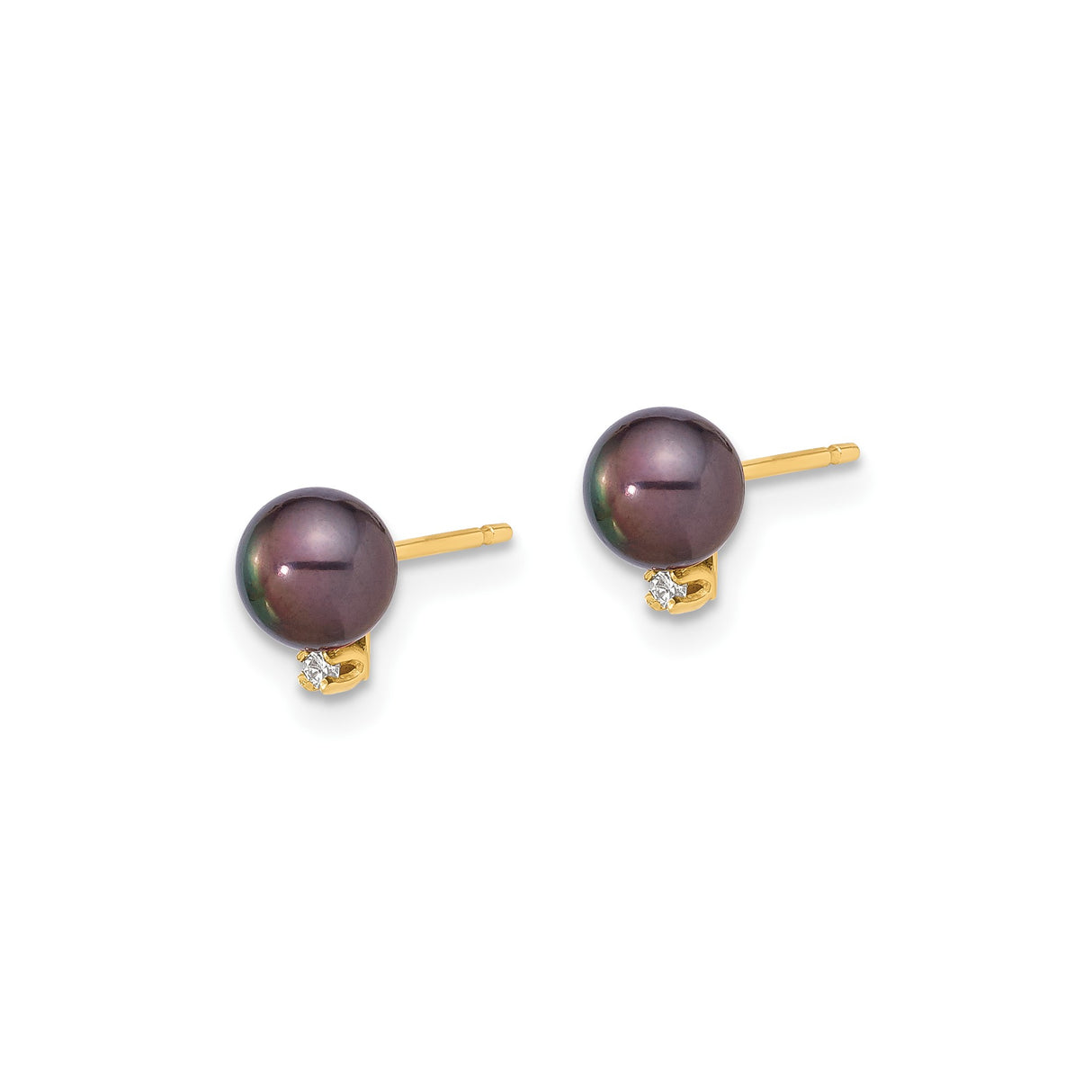 14k Yellow Gold Stud Earrings with Black Cultured Pearls and Diamond Accents