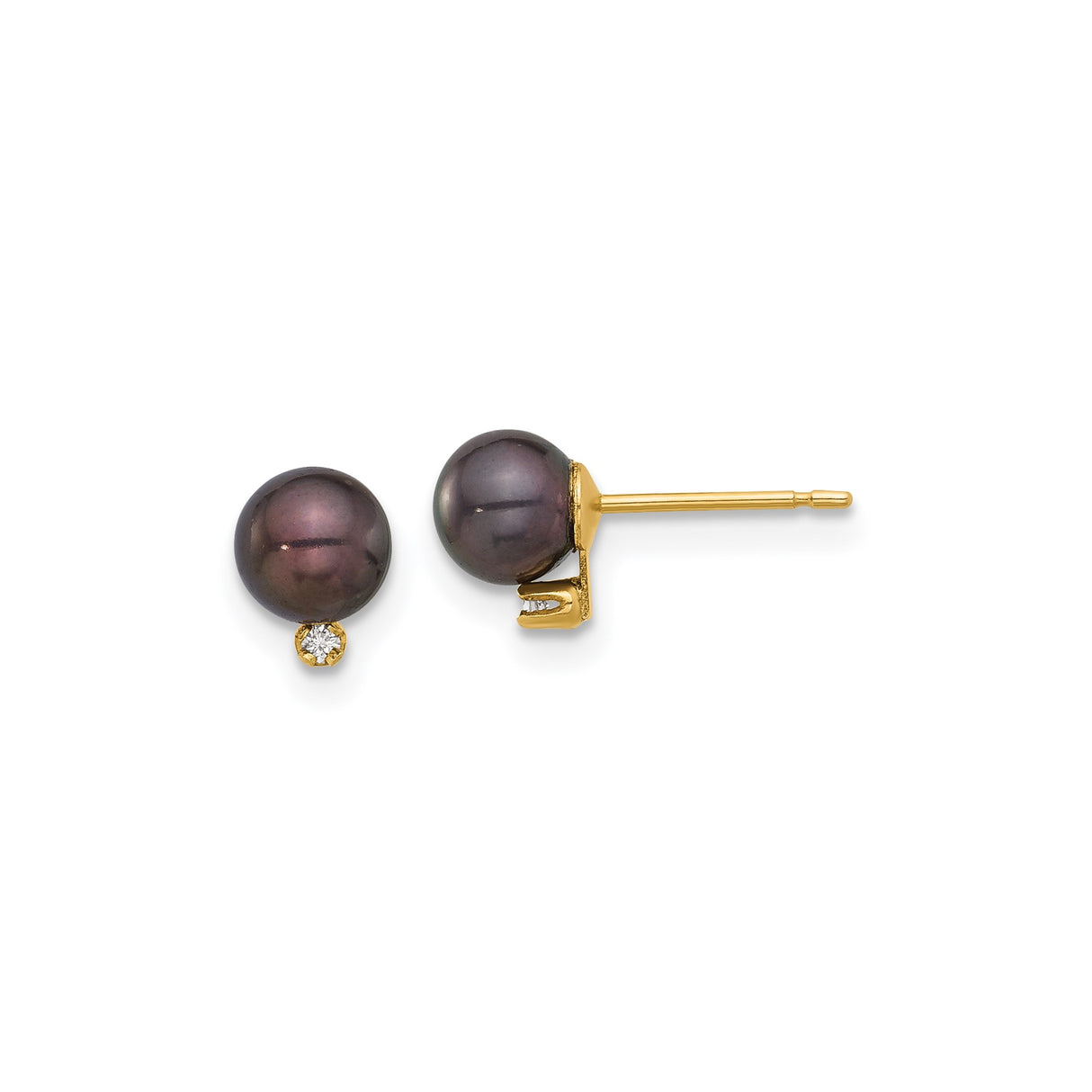 14k Yellow Gold Stud Earrings with Black Cultured Pearls and Diamond Accents
